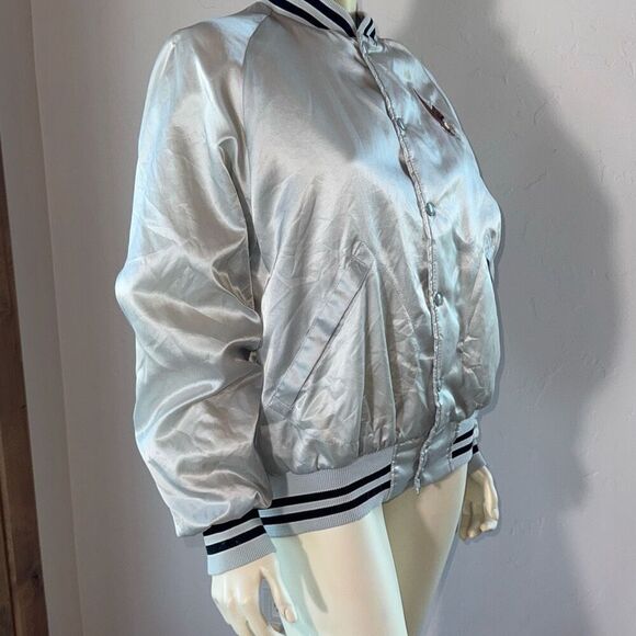Vintage Satin Silver Gray Striped Rare Eagle Patch Nylon Bomber Jacket Men’s Lar - Picture 5 of 13